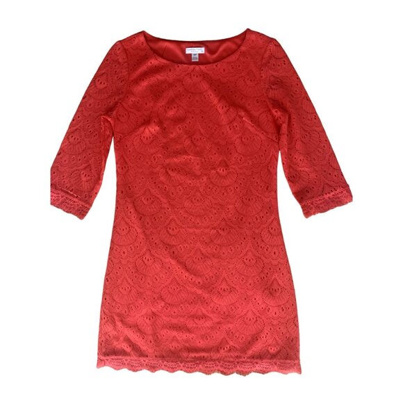 London Times Red Eyelet Lace Shift Dress Boat Neck 3/4 Sleeves Size 8 Petite - Picture 9 of 12